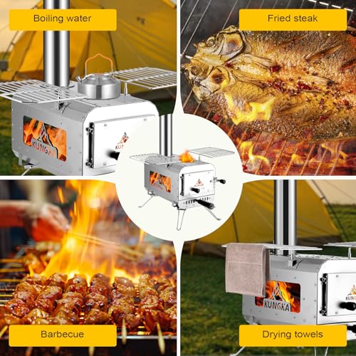 KUNGKA Tent Stove, 7.3ft height Portable Wood Burning Stove, Small Stainless Steel Hot Tent Stove with 6 Chimney Pipes for...