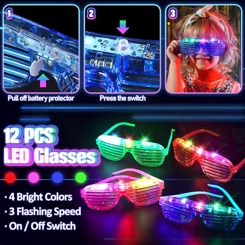 150PCS Glow in the Dark Party Supplies for Kids Adults, Light Up Party Favors with Light Up Glasses, Headband, Rings, 100 ...
