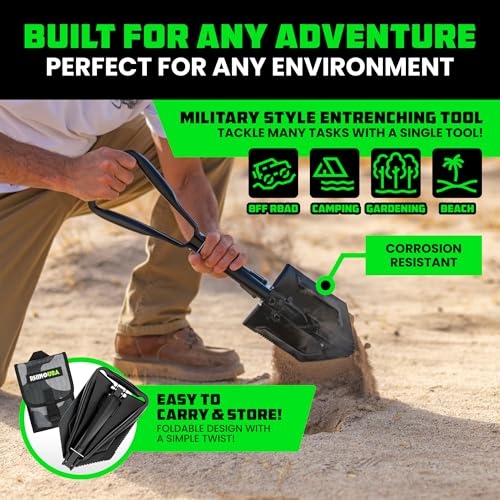 RHINO USA Folding Survival Shovel w/Pick - Heavy Duty Carbon Steel Military Style Entrenching Tool for Off Road, Camping, ...