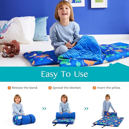 JOIEDOMI Toddler Sleeping Bag for Kids 55''x30'' Nap Mat with Removable Pillow and Minky Blanket for Toddler Ages 3-7 Roll...