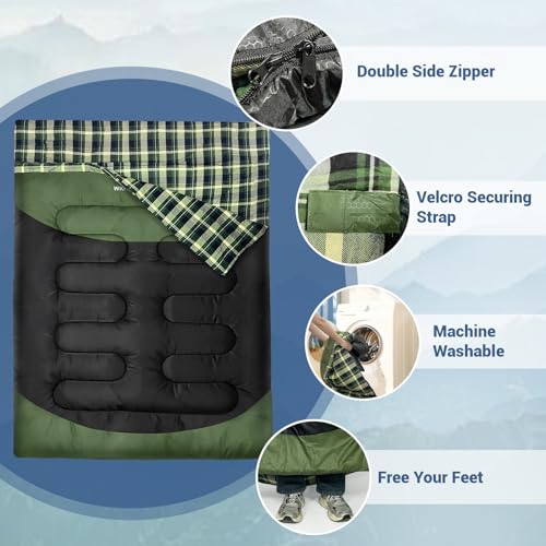 WKFAMOUT Double Sleeping Bag for Adults Machine Washable 2 Person Camping Sleeping Bag Queen Size Waterproof with Compress...