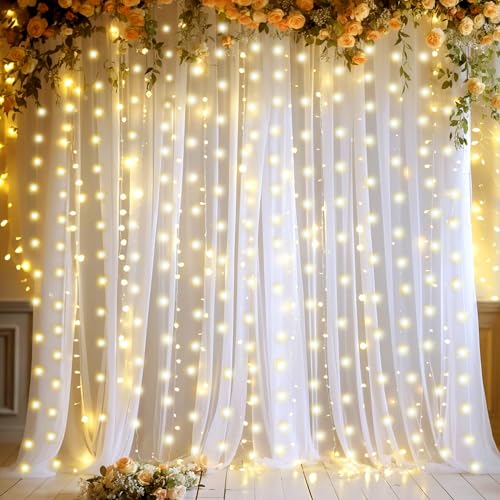 10ft x 10ft White Sheer Tulle Backdrop Curtains with Lights String for Party Wedding Wrinkle Free Curtain Backdrops Drapes...