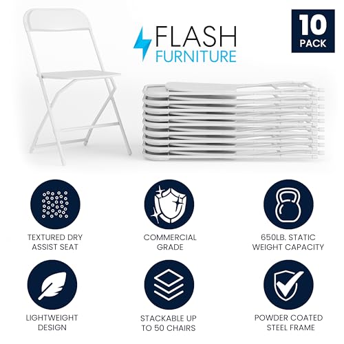 Flash Furniture Hercules Set of 10 Indoor/Outdoor Heavy-Duty Plastic Folding Chairs, Foldable Commercial Stacking Chairs w...