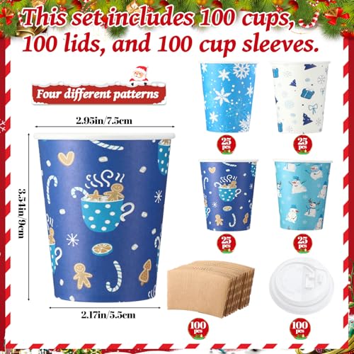 Cunhill 100 Sets 9oz Christmas Disposable Coffee Cups with Lids & Sleeves, Bulk Paper Christmas Coffee Cups for Hot Chocol...
