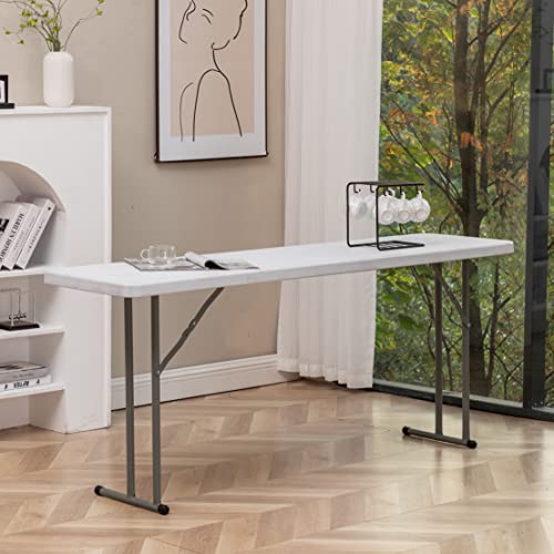 BTEXPERT 6-Foot - 72" Long White Granite Plastic Folding Seminar Training Table Portable 18" Wide Narrow, 29" High, Events...