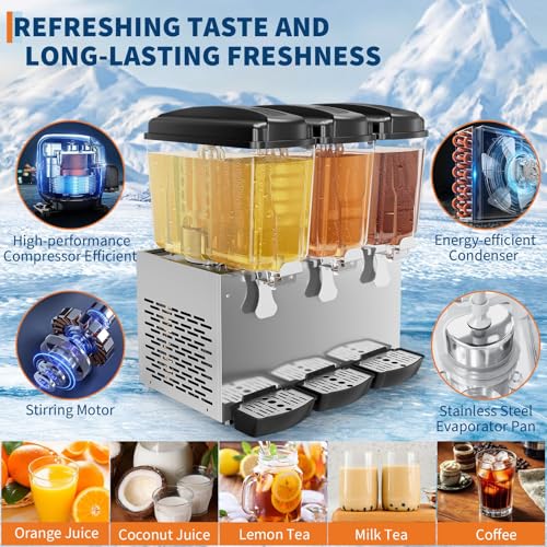 Commercial Beverage Dispenser, 3 Tanks 18L Each with Compressor Cooling (45-54°F), Large Capacity Cold Drink Dispenser, St...
