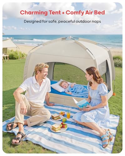 QPAU Inflatable Toddler Travel Bed with Tent – Lightweight Blow Up Kids Air Mattress with Hand Pump – Indoor & Outdoor Por...
