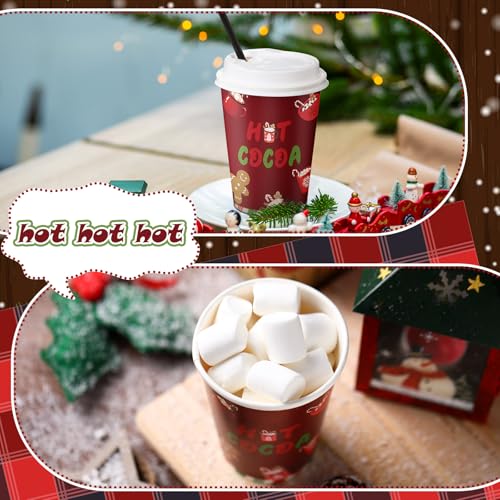 Jingmore 50 Set Christmas Hot Cocoa Paper Cups 12 oz Christmas Disposable Coffee Cups with Lids Straw Holiday Cup Bulk for...