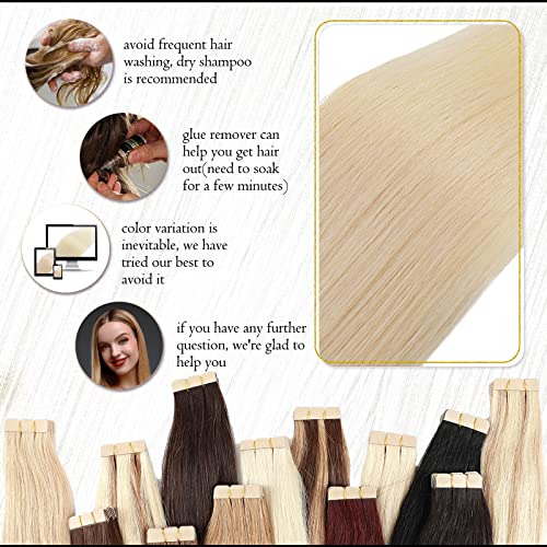 Benehair Tape in Hair Extensions Human Hair Blonde 20pcs 50g/pack Straight Hair Extensions Seamless Skin Weft Tape in Natural Hair for Women (22", 613 Bleach Blonde)