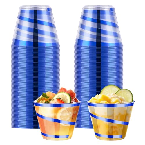 Dualshine 100 PCS Blue Rimmed Swirl Clear Plastic Cups, 9 oz Disposable Plastic Wine Glasses, Heavy Duty Cocktail Glasses ...