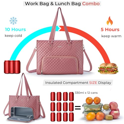 Ralnitote Laptop Tote Bag with Insulated Lunch Compartment for Women, PU Leather 15.6 Inch Work Bag, Elegant Computer Hand...
