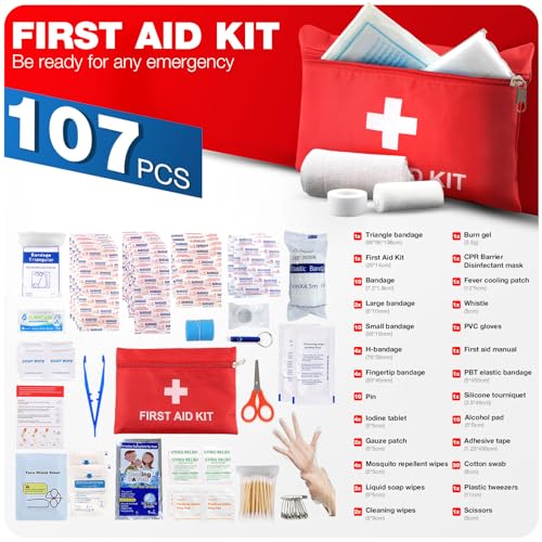 First Aid Kit for Home Car Travel 107 Piece Emergency Kits for Hiking Camping Small Trauma Kit for Boat Vehicle Lightweigh...