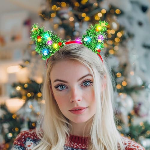 Aiosy Light Up Christmas Tree Headband Green Tinsel Head bands Led Cat Ears Headpiece Glitter Star Xmas Party Hair Accesso...
