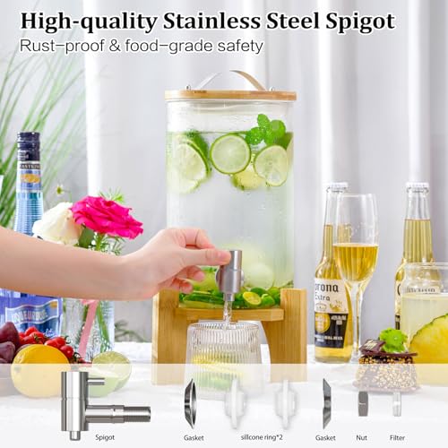 1.2 Gallon Large Glass Drink Dispenser For Parties, Beverage Dispenser with Bamboo Wood Stand and Stainless Steel Spigot, ...