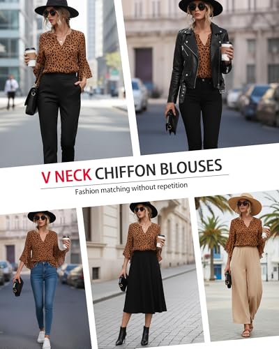 Bebonnie Womens Tops Dressy Casual Ruffle 3/4 Sleeve Henley V Neck Chiffon Blouses with Buttons