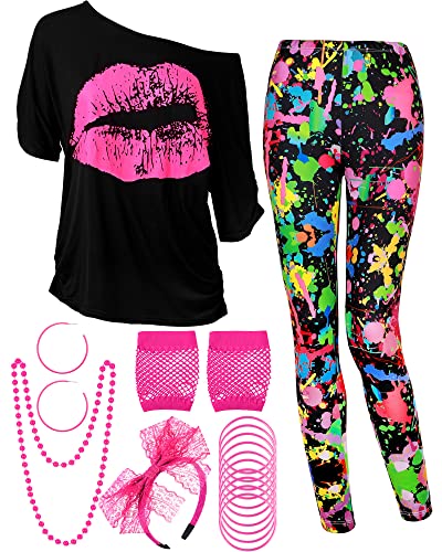 Blulu 80s Women Costume Set, Lips Print off Shoulder T-shirt, Geometric Legging Pants Earring Necklace Gloves Bracelet