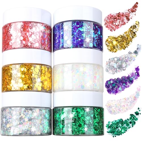 FANDAMEI Body Glitter Gel- 6 Color Glitter Makeup Face Paint for Body&Face&Hair, Rave Festival Mermaid Halloween Concert, ...