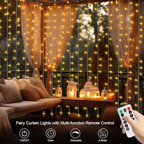 DealBeta Battery Operated Curtain Lights,9.8ft×9.8ft 300 LED Curtain Lights with Remote Timer 8 Modes, Waterproof Hanging ...