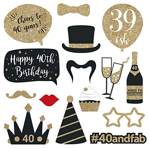 Fully Assembled 40th Birthday Photo Booth Props - Set of 30 - Black & Gold Selfie Signs - 40th Party Supplies & Decoration...