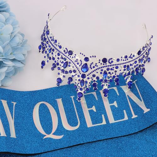 COCIDE Blue Birthday Queen Sash for Women Happy Birthday Crowns Princess Tiaras Sashes for Girl Crystal Party Decorations ...