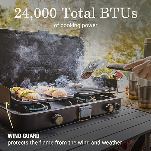 Coleman 1900 Collection 3-in-1 Propane Camping Stove, Cast Iron Grill & Griddle Accessories Included, 24,000 BTUs Across 2...