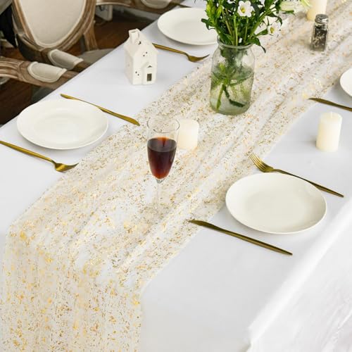 Artoid Mode Beige Gold Gauze Table Runner 120 Inch 10FT, Glitter Metallic Foil Sheer Dining Wedding Anniversary Holiday Bi...