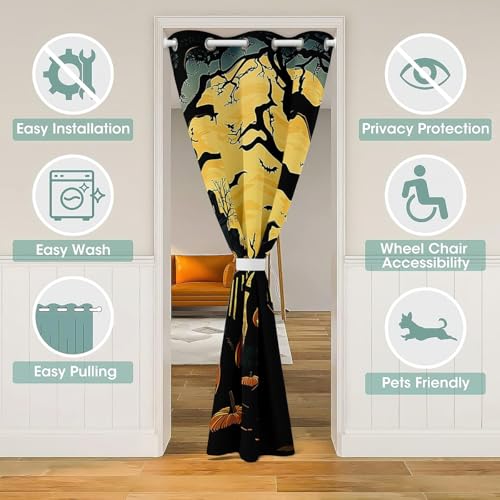 Halloween Style Door Curtain 42" W x 84" L Pumpkin Lantern Moon Blackout Curtain for Closet Door Gothic Style Curtain Tapestry for Hallway Living Room
