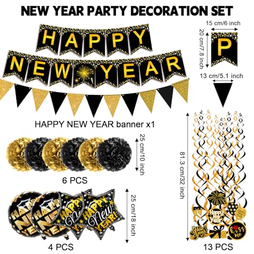 Famoby Happy New Year Paper Banner Triangle Flag Bunting Pom poms Swirls Streamers & Balloons for New year Party Decoration