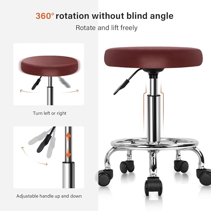 KKTONER PU Leather Round Rolling Stool with Foot Rest Swivel Height Adjustment Spa Drafting Salon Tattoo Work Office Massage Stools Task Chair Cushion 14 inches (Red)
