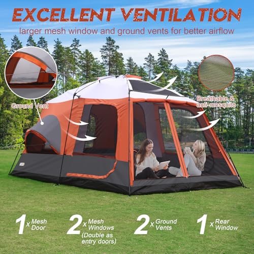 8–10-12 Person Camping Tent, 2 Room Family Tent with Zippered Divider, Porch, Rainfly, Extra Large Waterproof Cabin Tent w...