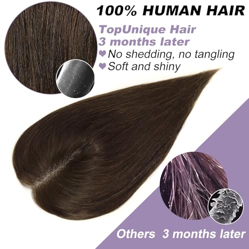 Hair Toppers for Women Real Human Hair, 4.5x5 Inch Swiss Lace Base No Bangs Top 12 Inch Length #4 Medium Brown