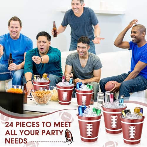 Layhit 24 Packs Football Plastic Ice Buckets for Parties 101 oz/ 3 L Wine Bucket Portable Ice Holder Disposable Wine Coole...