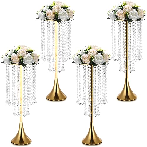 4 Pcs Gold Centerpieces for Table, Rozrety Wedding Centerpiece Vases for Tables 22inch Tall Metal Crystal Flower Stand for...