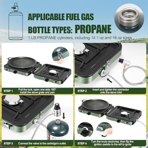 Portable Camping stove, 2 Burner Foldable Camping Stove with Griddle and Carrying Bag & Hose, 8600BTU Portable Propane Cam...