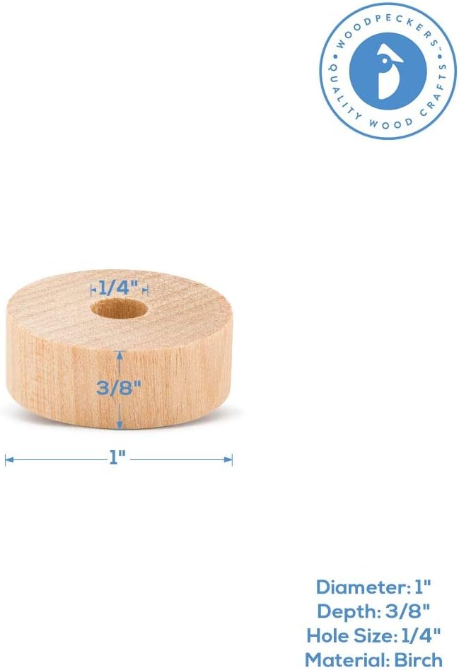 1-inch Diameter Slab Wooden Wheels for Crafts, 1/4-inch Hole, 3/8-inch Thick, Pack of 12 Mini Wooden Hobby Wheel for Model, by Woodpeckers
