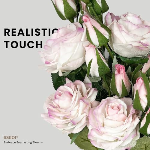 SSKOI Real Touch Artificial Roses, 8PCS Long Stem Faux Flowers with Gift Box That Converts Into Vase, Allergy-Safe Realistic Fake Roses for Home, Kitchen, Office, Wedding Décor, Gift Arrangement