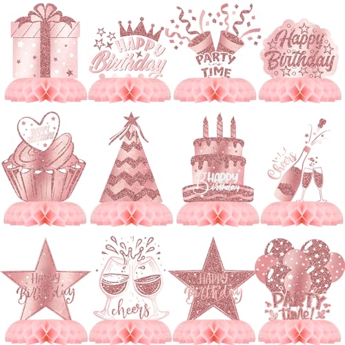 Pink Rose Gold Party Decorations, 12Pcs Pink Rose Gold Honeycomb Birthday Decorations, Elegant Rose Gold Table Toppers Par...
