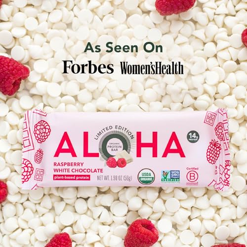 ALOHA Organic Plant Based Protein Bars | Raspberry White Chocolate | 12 Count, 1.98oz Bars | Vegan, Low Sugar, Gluten Fre...