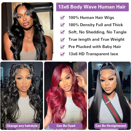 Body Wave Lace Front Wigs Human Hair Pre Plucked 180% Density 13x6 HD Transparent Frontal Wigs Human Hair for Women Natural Black Color 24 Inch