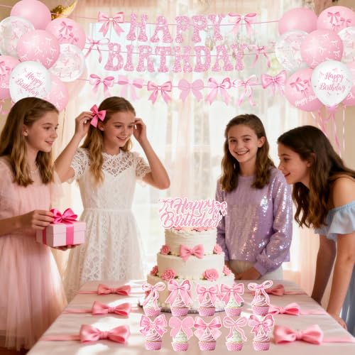 Pink Bow Birthday Decorations Include Plates, Napkins, Cups, Cutlery, Banner, Hanging Swirls, Cake & Cupcake Toppers, Ball...