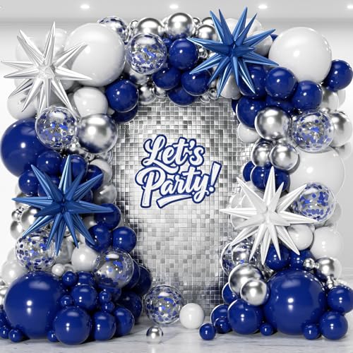PTGOLUO 153Pcs Navy Blue and Silver Balloons Garland Arch Kit with Stars -22 18 12 10 5 inch Different Size Royal Blue Whi...