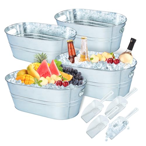 4 Pack Galvanized Metal Ice Buckets, 3 Gallon Ice Buckets for Parties Wine Beverage Tub with Carry Handle for Home/Bar Bee...