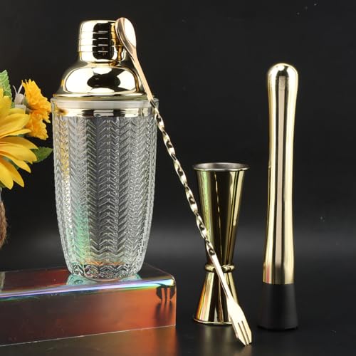 Gold Cocktail Shaker Set with Measuring Jigger, Mixing Spoon & Muddler – Home Bar Accessories for Cocktails & Protein Shak...