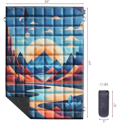 Down Camping Blanket, Ultralight Compact Packable Throw with Snaps for Outdoor Indoor, Travel Stadium Concert Picnic Beach, Puffy 650 Fill Down Water-Resistant Quilt (Mountain Sunset)