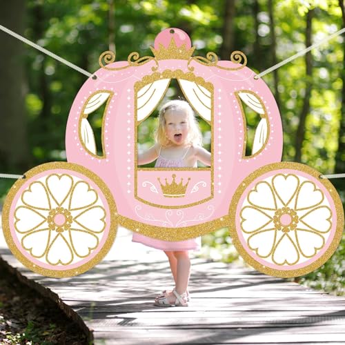 Princess Birthday Party Decorations Princess Carriage Photo Booth Props 63 x 46 in Fabric Backdrop Pink and Gold Door Bann...