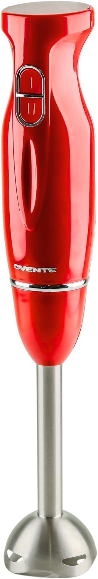 OVENTE Immersion Hand Blender, 300W Corded Electric Handheld Stick Mixer with 2 Mixing Speeds and Stainless Steel Blades for Smoothies, Purees & Baby Food, Red HS560R