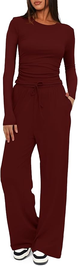 Darong Women's 2 Piece Outfits Lounge Sets 2026 Long Sleeve Tops Wide Leg Pants Casual Matching Set
