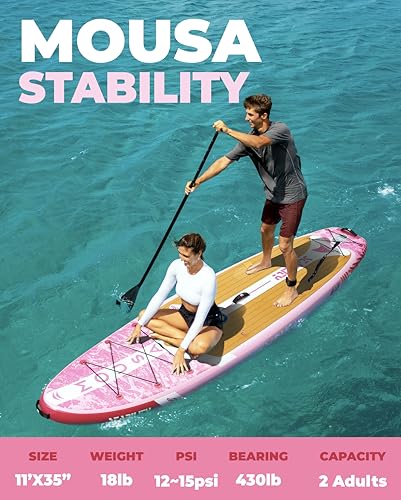 MOUSA 11'×35" Inflatable SUP Board Bundle – 2 Colors (Gray & Pink), Stable Paddleboard for 2 People, Full EVA Deck, 100L B...