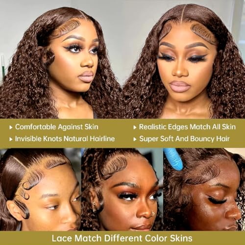 Full Brown Deep Wave Lace Front Wigs Human Hair Pre Plucked 220% Density 13x6 Chocolate Brown Curly Lace Frontal Wigs Human Hair for Women Brazilian Virgin Hair 22inch