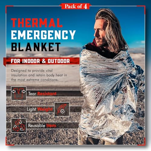 Emergency Blanket 4-Pack Space Mylar Blankets Survival Gear and Supplies Reusable Thermal Camping Hunting Essentials First...